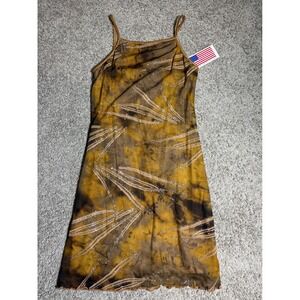 S.H.E. Brown Mustard Tie Dye Glitter Mini Dress Y2K Spaghetti Strap XS NEW